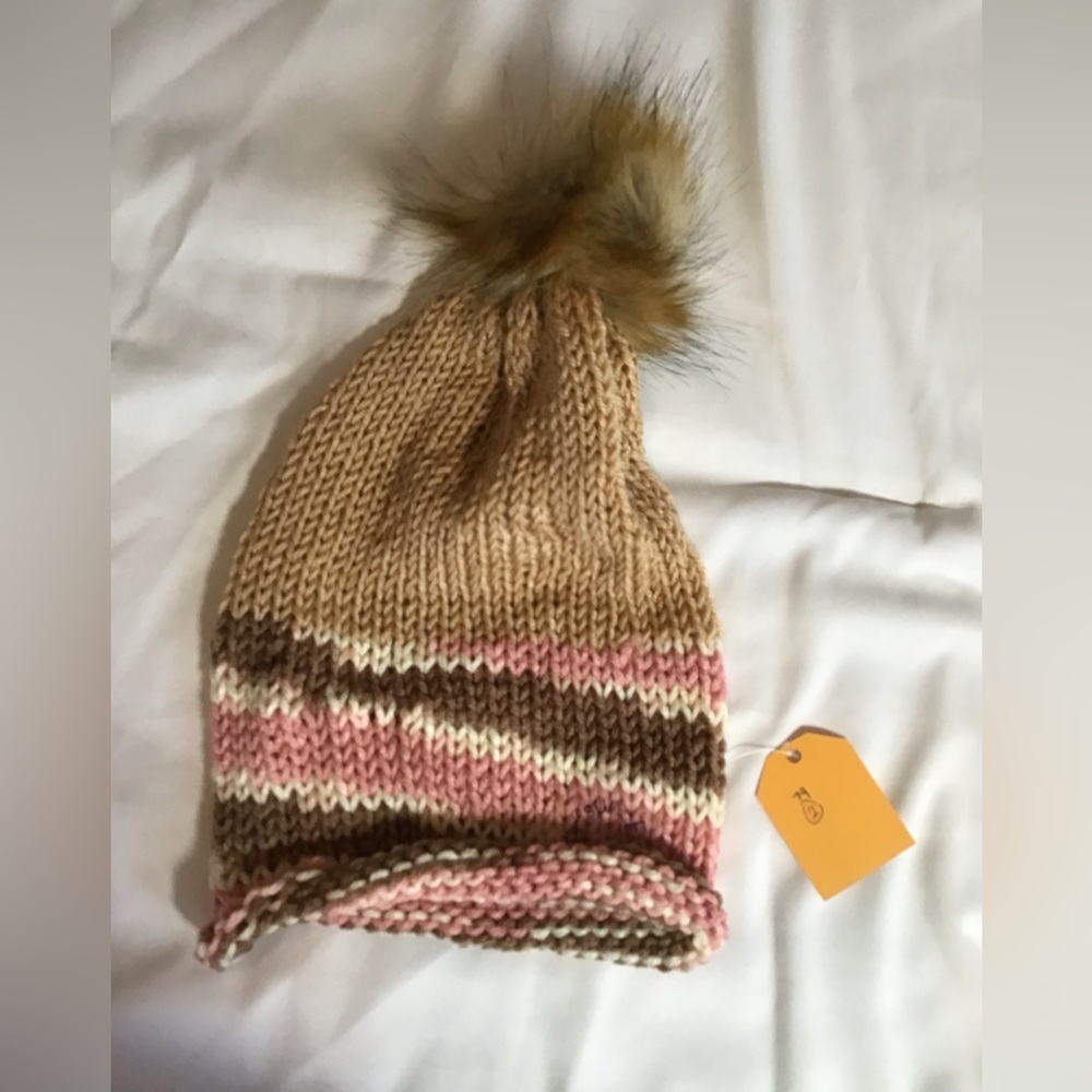 NWT Stylish Tan, Pink, Cream and Dark Brown Knit Pom-Pom Beanie Unisex Hat